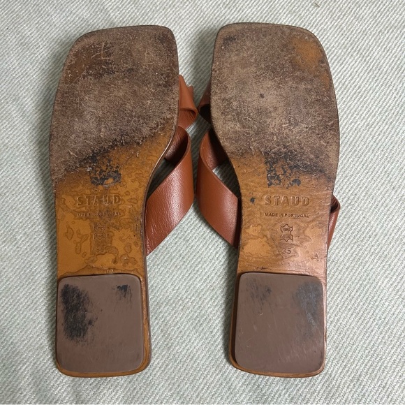 STAUD Lei Bow Brown Leather Slip-On Sandals with Criss-Cross Straps Size 35 - Picture 2 of 8